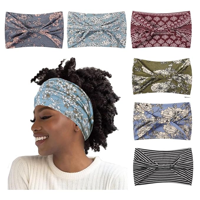 Artilady Wide Bandana Headbands for Women-Boho Bandeau Head Band Bohemian Paisley Red Headwrap Soft Athletic Elastic Sweat Non Slip Hair Bands for Curly Hair Accessories 6 PCS