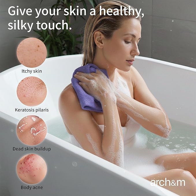 ARCH&M Exfoliating Washcloth (3 Pack), Japanese Body Scrubber for Shower, Long Nylon Towel for Back, Korean Exfoliation for Glowing Skin (Gray Black Off-White)