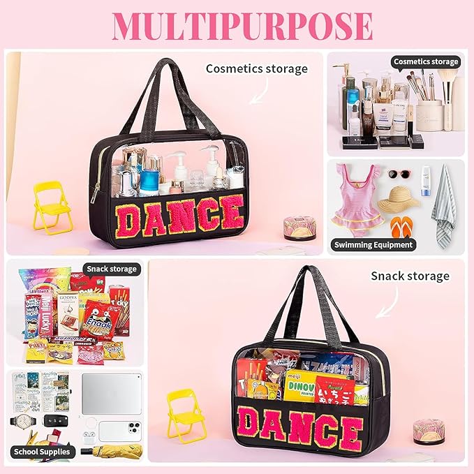 2 Pcs Chenille Letter Bags for Dance Recital Gifts Small Ballet Dance Makeup Bag with Handle and Zipper Waterproof Nylon Portable Toiletry Bag, Dance Competition Must Haves
