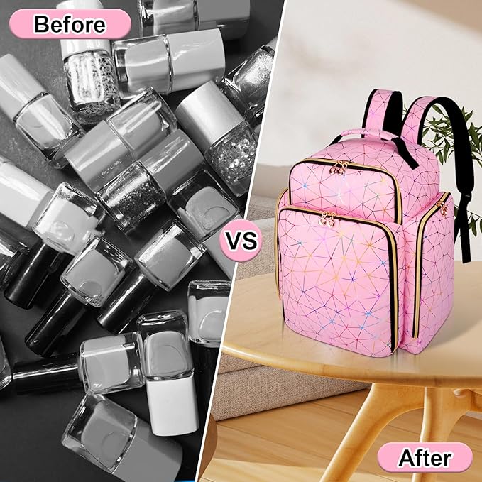 AHZSKE Nail Polish Organizer Backpack Holds 126 Bottles& Nail Lamp, Extra Large Nail Kit Supplies Organizer Bag with 3 Removable Cases, Portable Nail Organizers and Storage for Trave (PU Leather Pink)