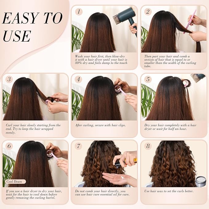 Obeoby 4 Sizes Rollers Hair Curlers for Women, 38 Pcs Set Hair Rollers Heatless 25mm 36mm 48mm 60mm Self Grip Hair Rollers with Clips, Curlers for Long Short Thick Thin Hair Bangs, Pink