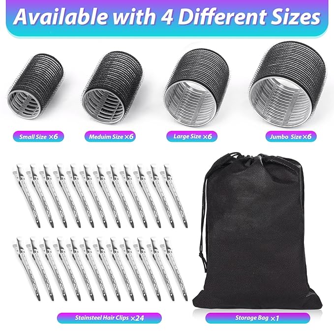 Hair Curlers Set with 24 Rollers (6 Jumbo, 6 Large, 6 Medium, 6 Small) and 24 Clips for All Hair Lengths (Black)