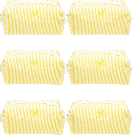 PAZIMIIK 6PCS Cozy Makeup Bag Small Aesthetic Travel Zipper Cosmetic Pouch for Women Make Up Beauty Accessories Brushes, Stripe Yellow