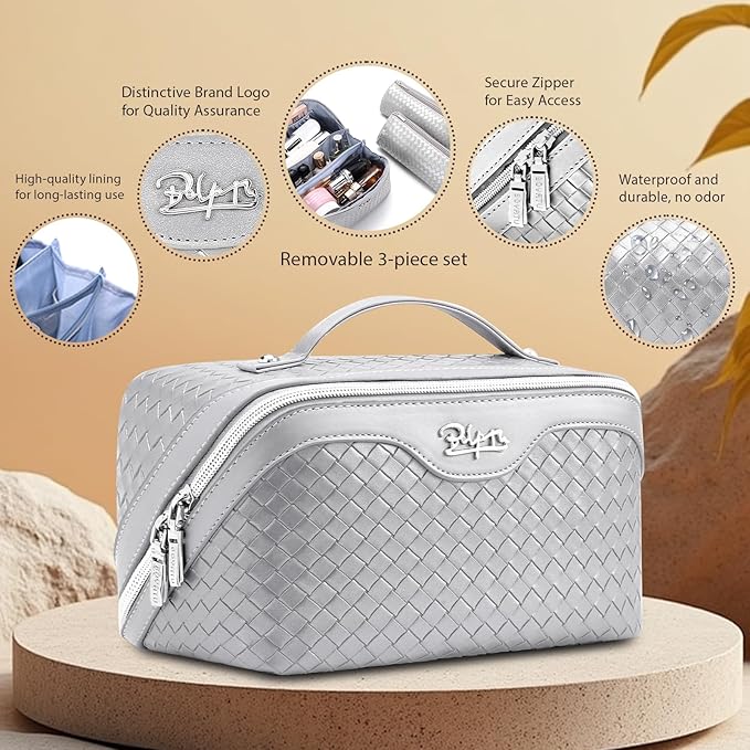 BOYATU Travel Makeup Bag Cosmetic Bags for Women: Large Capacity 3 Pcs Set Make up Bag with Compartments - Waterproof Vegan Leather Toiletry Organizer Bags with Handle (L34 Silver)
