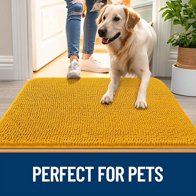 OLANLY Dog Door Mat for Muddy Paws 30x17, Absorbs Moisture and Dirt, Absorbent Non-Slip Washable Doormat, Quick Dry Chenille Mud Mat, Entry Indoor Entryway Carpet for Inside Floor, Golden Yellow