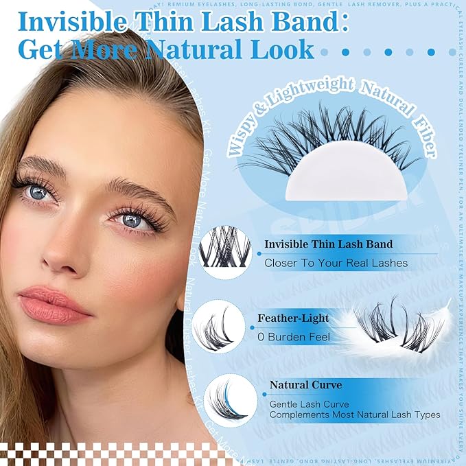 KevKev Spider Lash Clusters Breeze Wispy Eyelash Clusters 8-16MM Clear Thin Band Cluster Eyelash Extensions Mix Length Ultra-Light Natural Look Spider Lash Clusters DIY Lash at Home