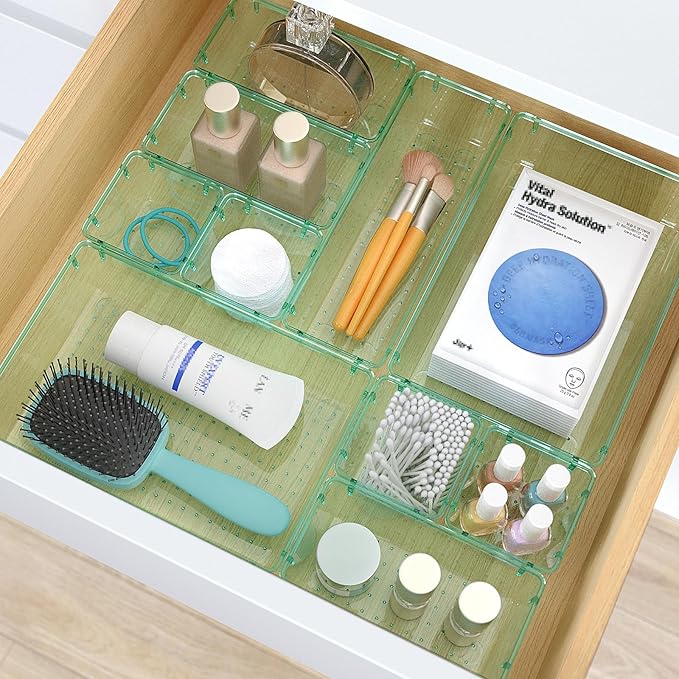 23 PCS Clear Plastic Drawer Organizers Set, 4 Size Desk Drawer Organizer Trays for Makeup, Jewelry, Kitchen Utensils, Gadgets and Office Accessories, Sea Blue