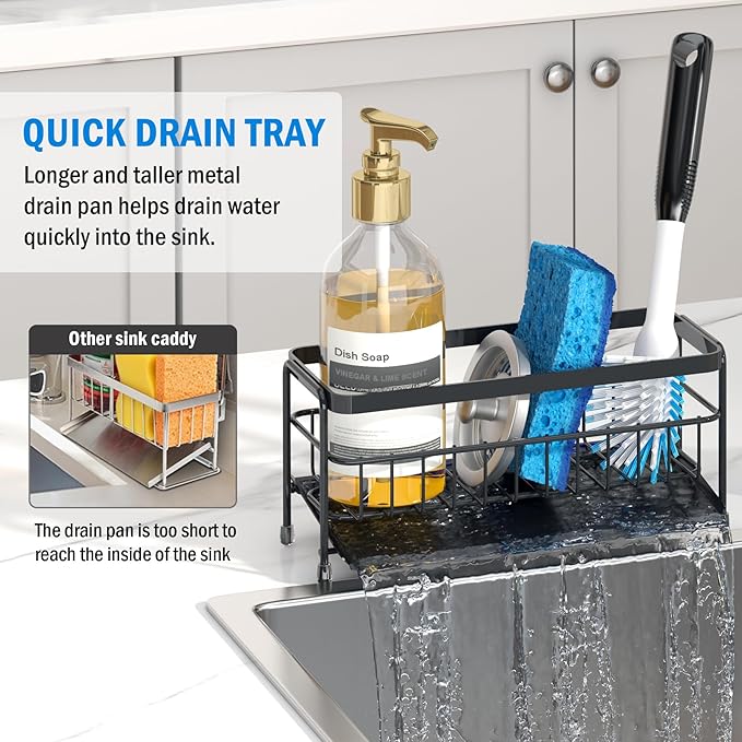 Trendy Quick-Dry Sink Caddy, Sponge Holder for Kitchen Sink with Self-Draining Metal Tray, Storage Organizer Rack for Sponge/Dish Soap/Gadgets, 2-Layer Rustproof Brush Holder for countertop - Black
