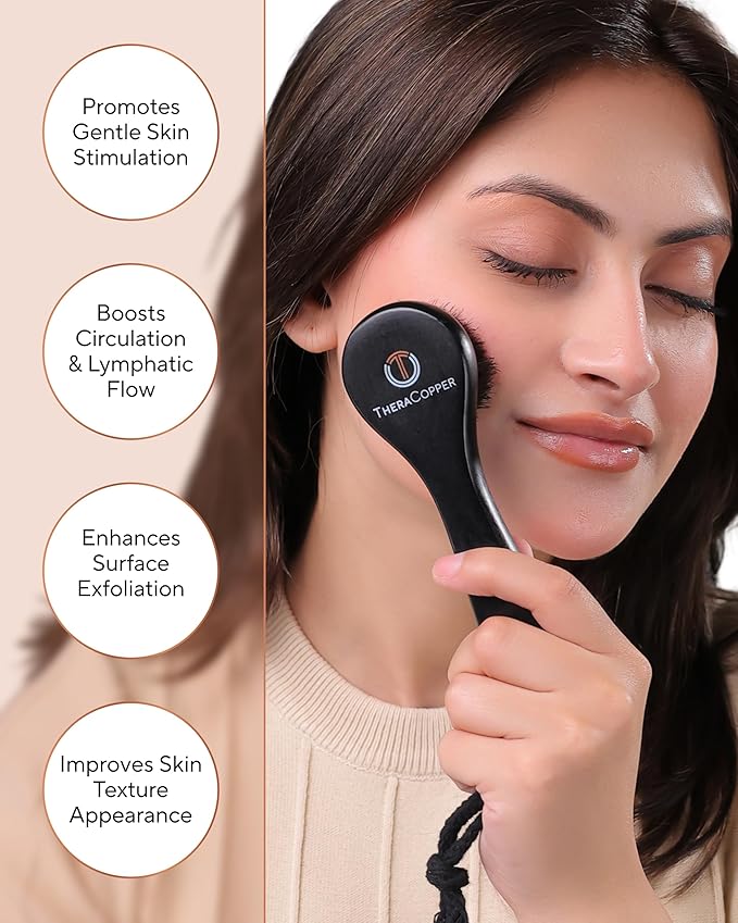 TheraCopper Copper Dry Facial Brush – Lymphatic Drainage Facial Dry Brush for Face with Natural Copper Bristles for Improved Circulation & Exfoliation – Daily Face Care for Refreshed & Glowing Skin