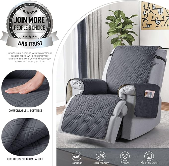 TAOCOCO 100% Waterproof Recliner Chair Covers, Non Slip Recliner Covers for Recliner Chair with Pocket, Washable Reclining Chair Cover Furniture Protector for Kids,Dogs(22'', Dark Grey)