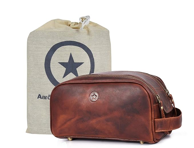 10" Premium Leather Toiletry Travel Pouch With Waterproof Lining Black Color | King-Size Handcrafted Vintage Shaving Kit By Aaron Leather Goods