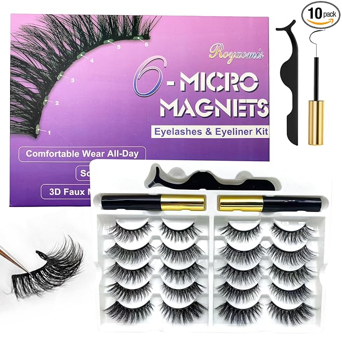 Royaomis 10 Pairs Cat-Eye Magnetic Eyelashes with Applicator Natural Look, 3D Magnetic Lashes With Eyeliner, Fake Eyelashes Magnetic, Eye Lashes Pack Natural Magnetic Eyelashes(New）