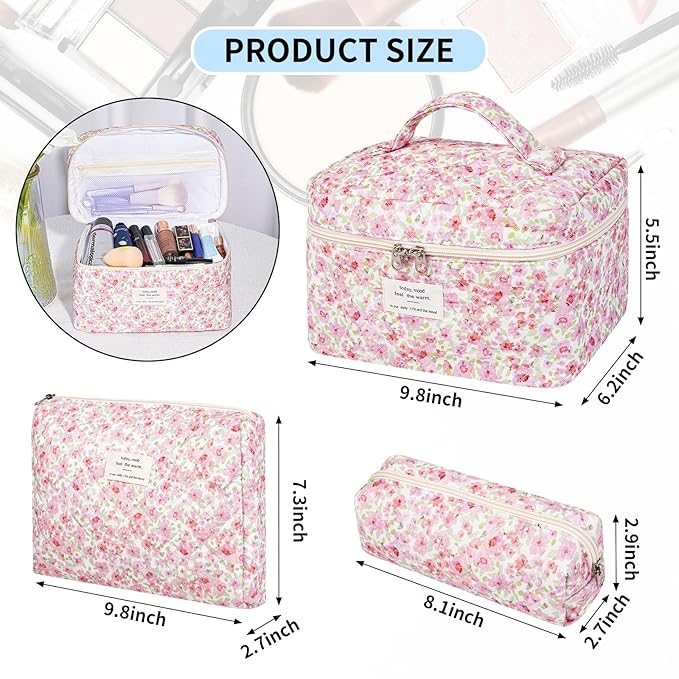 senbowe Floral Makeup Bag, 3 Pack Large Cotton Quilted Makeup Bag Set, Cute Floral Coquette Aesthetic Toiletry Bag Make Up Cosmetic Bag for Women, Toiletry Travel Make Up Organizer Bag