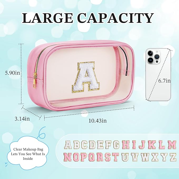 YOOLIFE Valentines Gifts for Teenage Girls Teacher Gifts Initial Clear Makeup Bag Birthday Gift Travel Toiletry Cosmetic Bags Birthday Gift Travel Essentials Pink A