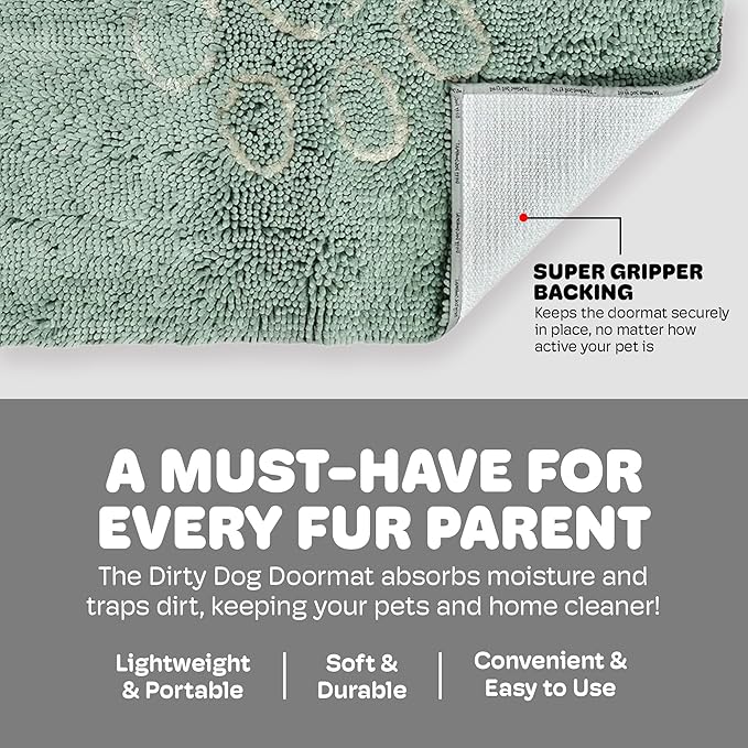 Dog Gone Smart Dirty Dog Doormat - Fast Drying Rug - Plush Mat with Super Gripper Backing for Clean Floors - Absorbent Microfiber and Machine Washable Mat for Muddy Paws - Sage Green
