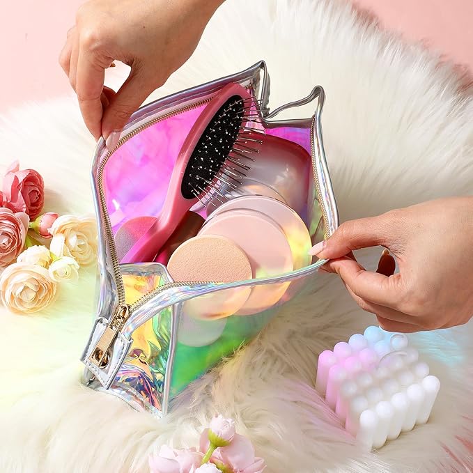 10 Pcs Holographic Makeup Bags Bulk, Iridescent Makeup Bag, Portable Zipper Toiletry Bag Clear Waterproof Holographic Cosmetic Bags, Women's Gifts