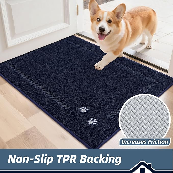BEQHAUSE Dog Door Mat for Mud Paws Dirt Trapper Doormat Non-Slip Entryway Rugs Absorbent Welcome Mat Washable Indoor Floor Mat Low-Profile for Front Door, 32" x 48", Navy Blue