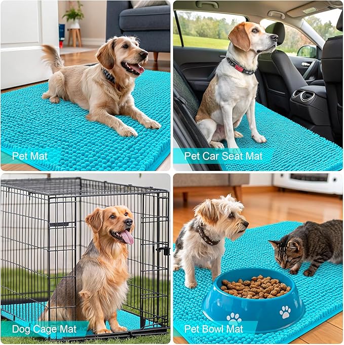 OLANLY Dog Door Mat for Muddy Paws 47x32, Absorbs Moisture and Dirt, Absorbent Non-Slip Washable Doormat, Quick Dry Chenille Mud Mat for Dogs, Entry Indoor Entryway Carpet for Inside Floor, Aqua Blue