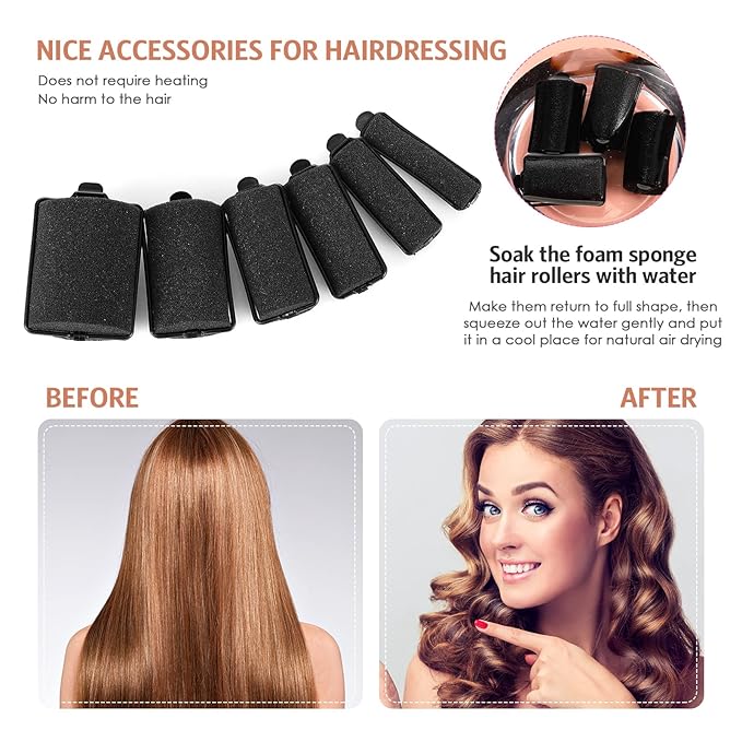 Syhood 56 Pcs Foam Sponge Hair Rollers 6 Sizes Soft Sleeping Curlers Flexible Sponge Curler Tool Rat Tail Comb for Long Short Hair Styling(Black)