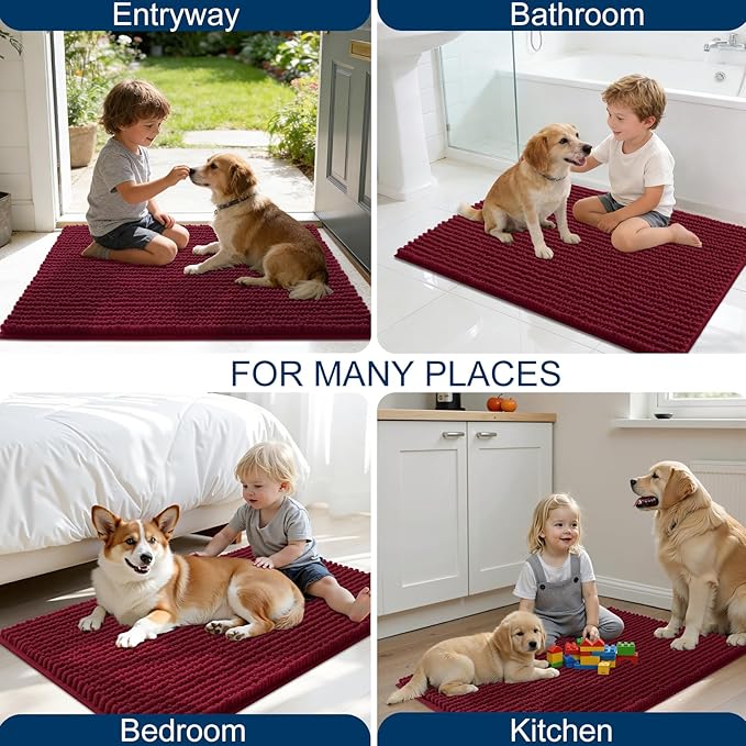 OLANLY Dog Door Mat for Muddy Paws 24x16, Ultra Absorbent Chenille Mud Doormat, Non-Slip Washable and Dirt Trapping Doormat for Indoor Entryway, Quick-Dry Indoor Pet Bed Mats for Dogs, Burgundy