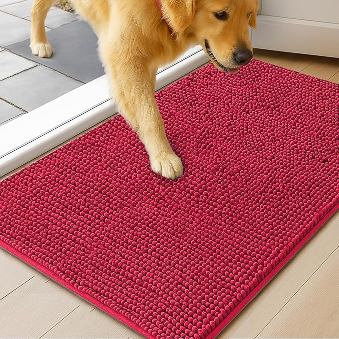 MudGuard Mat™ Dog Door Mat for Muddy Paws, Super Absorbent Microfiber, Non-Slip Indoor Mat, Quick Dry Chenille Mud Mat for Dogs & Entryway, Washable, Red 24" x 60"