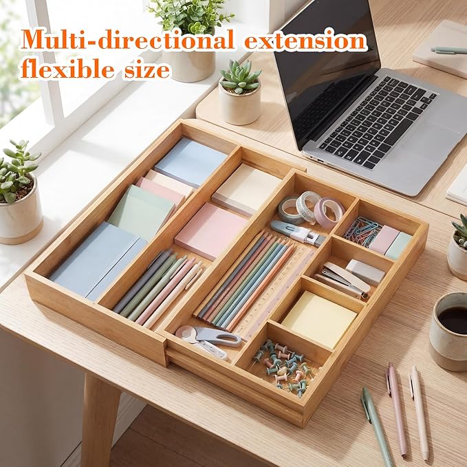 1 Pcs Bamboo Desk Drawer Organizer Wood 2 Inch Height Expandable Drawer Organizer Trays with 7 Adjustable Compartments Desk Accessories for Makeup Silverware Office Bathroom(Wood, Stylish)