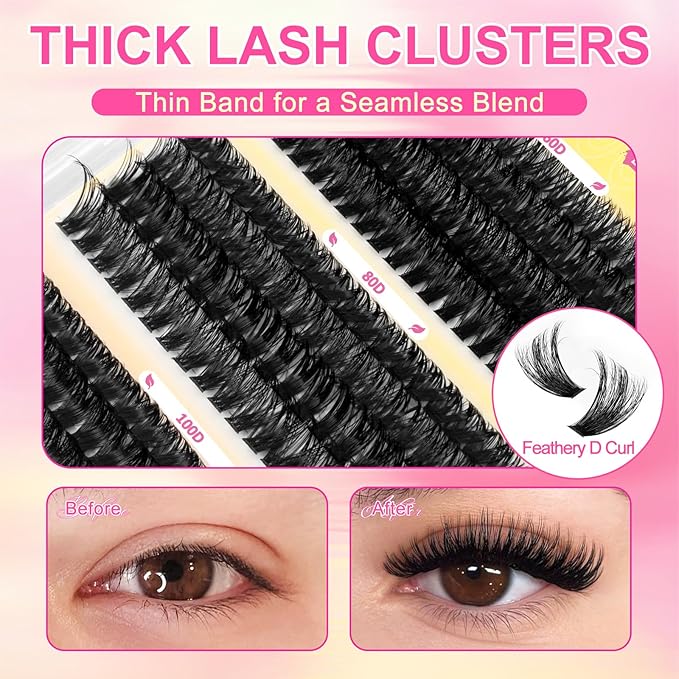 Lash Clusters 448Pcs (60D+80D+100D), Fluffy Wispy Lashes Clusters, D-Curl Cluster Eyelash Extensions 10-16mm - 100% Vegan, Beginner Friendly