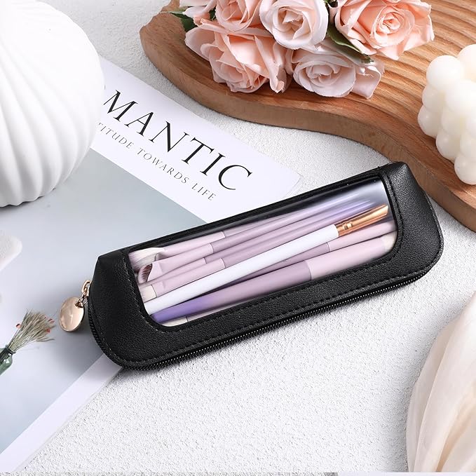 Clear Makeup Bag, PU Leather Mini Makeup Pouch Portable Makeup Brush Case Transparent Waterproof Cosmetic Organizer Pouch with Zipper for Women Home Travel Office Makeup Storage (Black)