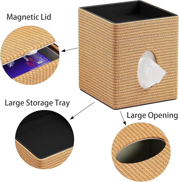 Tissue Box Cover, PU Leather Square Tissue Box Holder with Storage Tray for Bathroom Vanity Countertop Night Stands Bedroom Office Desk, Stylish Tissue Holder Decorative Organizer (Yellow Rattan)