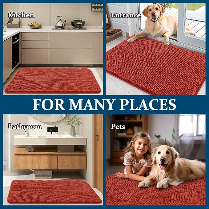 OLANLY Dog Door Mat for Muddy Paws 59x20, Absorbs Moisture and Dirt, Absorbent Non-Slip Washable Doormat, Quick Dry Chenille Mud Mat for Dogs, Entry Indoor Entryway Carpet for Inside Floor, Maple Red