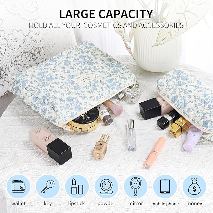 senbowe Floral Makeup Bag, 3 Pack Large Cotton Quilted Pink Bow Makeup Bag Set, Cute Floral Coquette Aesthetic Toiletry Bag Make Up Cosmetic Bag for Women, Toiletry Travel Make Up Organizer Bag