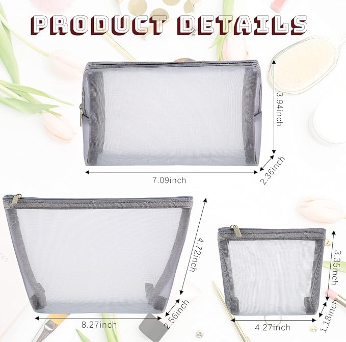 Boao 3 Piece Mesh Cosmetic Bag Mesh Makeup Bag with Zipper Pouch Travel Toiletry for Makeup Organizer Home Office Travel Accessories(Grey)