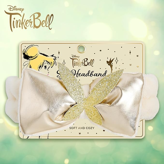 Disney Spa Headband, Soft, Plush, Adjustable, and Fun Hair Accessory for Skincare and Makeup Routines, Tinker Bell - Gold by Belle Maison