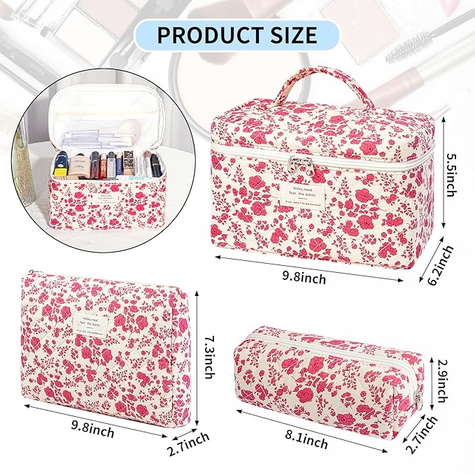 senbowe Floral Makeup Bag, 3 Pack Large Cotton Quilted Makeup Bag Set, Cute Floral Coquette Aesthetic Toiletry Bag Make Up Cosmetic Bag for Women, Toiletry Travel Make Up Organizer Bag