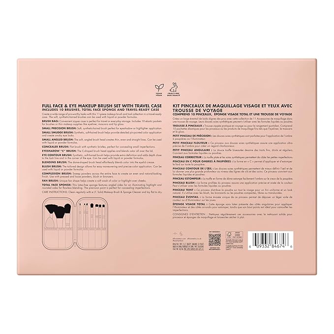 e.l.f. Full Face & Eye Makeup Brush Set with Travel Case, 11 Face & Eye Brushes For Creating A Full Face Makeup Look, Vegan & Cruelty-Free