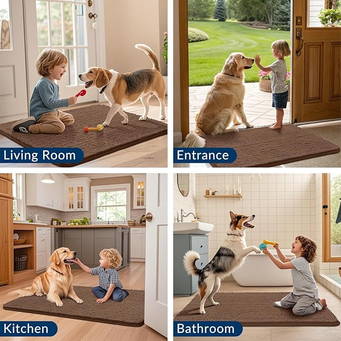 Smiry Dog Door Mat for Muddy Paws 24x16, Absorbs Moisture and Dirt Doormat, Non-Slip Washable Quick Dry Chenille Front Door Mat Indoor Entrance, Entryway Carpet for Inside Floor, Mocha