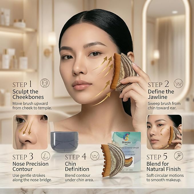 Brenza Lymphatic Contour Face Brush – Facial Sculpting Tool for Lymphatic Drainage & Depuffing, Face Massager for Jawline Definition, Facial Dry Brush Skincare Tool