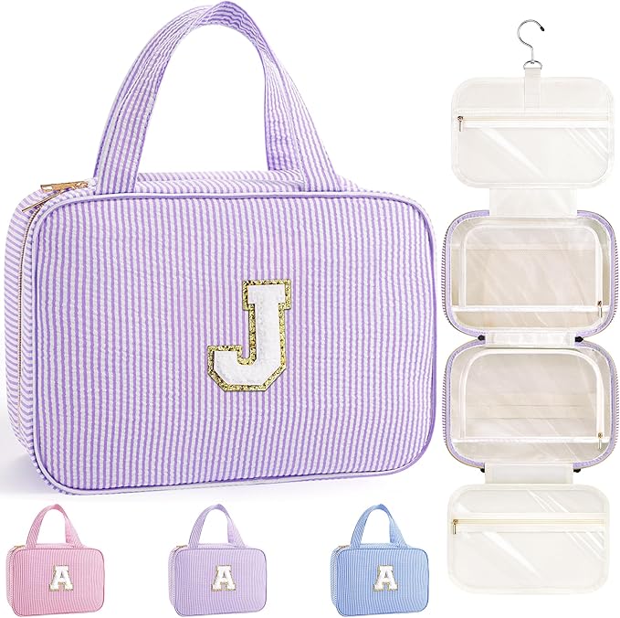 TOPEAST Travel Toiletry Bag Makeup Bag - Hanging Toiletry Bag for Women, Portable Toiletries Travel Bag and Cosmetic Bag, Airplane Travel Essentials Travel Toiletry Bag - Letter J, Purple