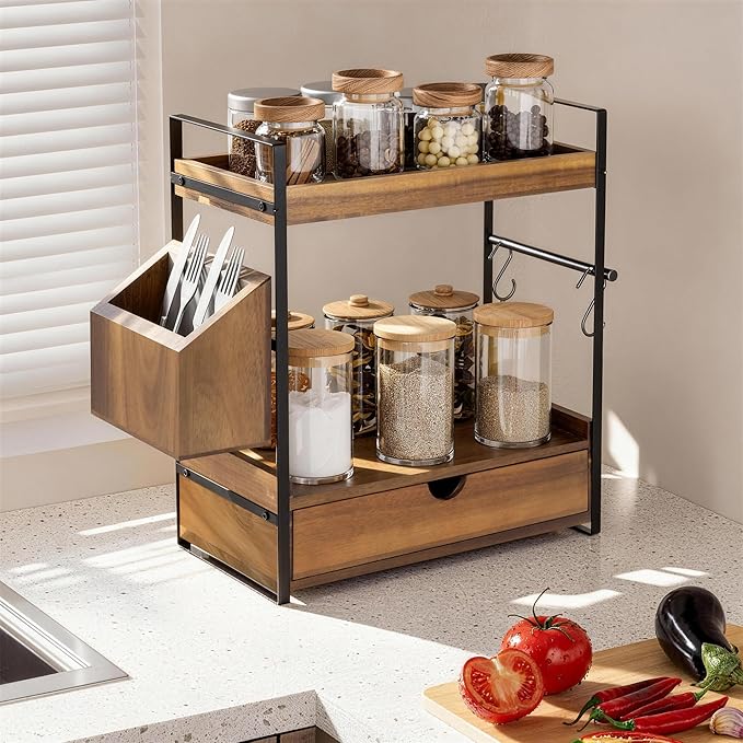 2-Tier Bathroom Counter Organizer with Drawer and Basket, Acacia Wood Countertop Organizer for Storage, Skincare Organizers for Vanity, Counter Shelf for Bathroom Organization(Acacia wood-Dark Brown)