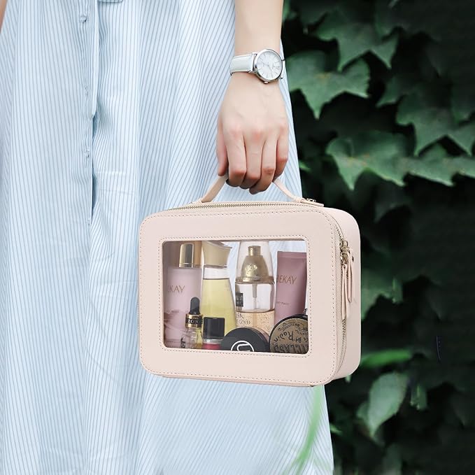 Clear Travel Makeup Bag with Brush Bag Portable Transparent Cosmetic Bag and Toiletry Bag Waterproof Clear Makeup Bag with Zipper Car Bag for Women (Beige, L+Slim)