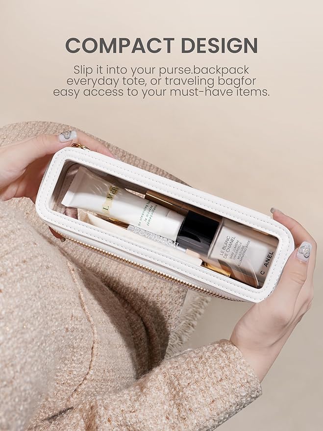 ROWNYEON Small Waterproof Toiletry Organizer Train Case, CLear Travel Makeup Bag for Women，Transparent Cosmetic Bag，Portable Makeup Case Organizer (White)