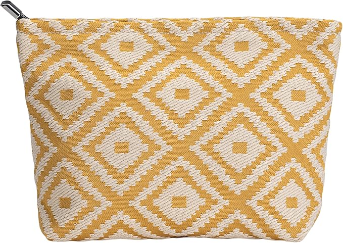 Parallel Checkered Embroidery Yellow Makeup Bag for Women Girls - Large Capacity Cosmetic Pouch | Travel Toiletry Bag & Purse Organizer