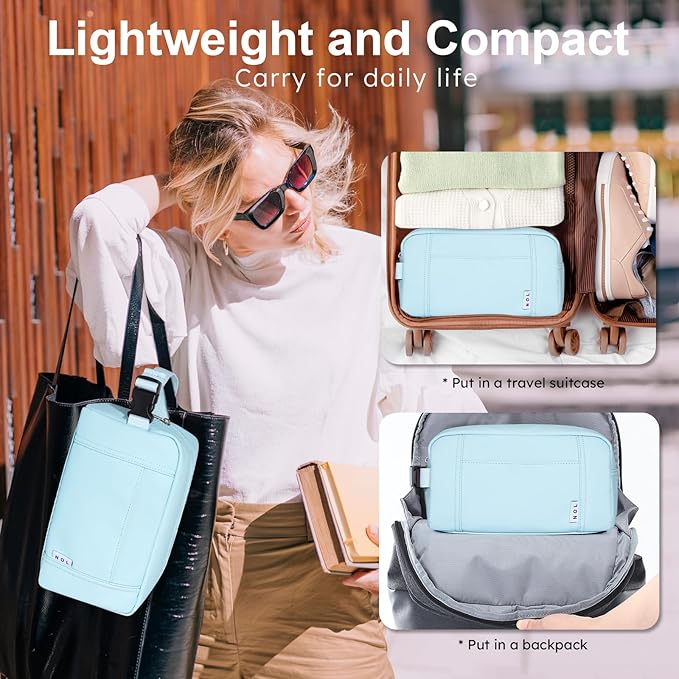 NOL Natural Organic Lifestyle Nylon Waterproof Makeup Bag Lightweight Travel Toiletry Bag for Adults, Reusable, Zip Closure with Buckle Handle, Snack Bag, Travel Cosmetic Bag,Light blue