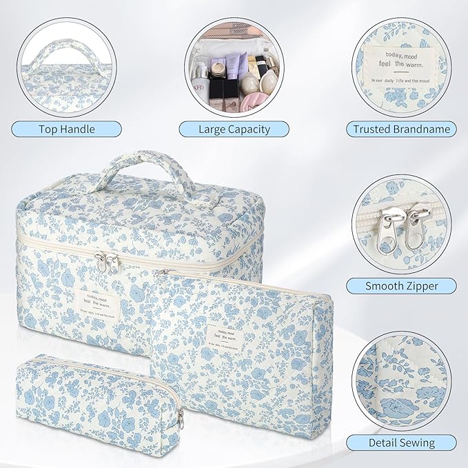 senbowe Floral Makeup Bag, 3 Pack Large Cotton Quilted Makeup Bag Set, Cute Floral Coquette Aesthetic Toiletry Bag Make Up Cosmetic Bag for Women, Toiletry Travel Make Up Organizer Bag