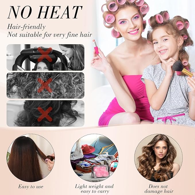 Obeoby 4 Sizes Rollers Hair Curlers for Women, 38 Pcs Set Hair Rollers Heatless 25mm 36mm 48mm 60mm Self Grip Hair Rollers with Clips, Curlers for Long Short Thick Thin Hair Bangs, Pink