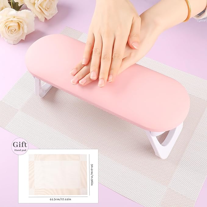 Nail Arm Rest, Professional Foldable PU Leather Nail Hand Rest with PVC Table Mat for Acrylic Nails, Soft Nail Hand Pillow Non-slip for Manicure Salon Use (higher-Pink)