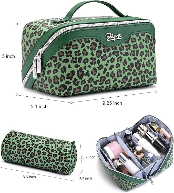 BOYATU Travel Makeup Bag for Women: 3 Pcs Set Portable Make up Bags with Handle - Leopard Print Cosmetic Bags with Comparments - Waterproof Vegan Leather Toiletry Bag (09-Green)