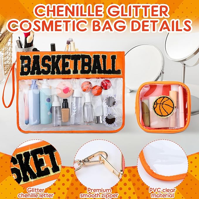 Hillban 2 Pcs Basketball Senior Night Gifts 2026 Makeup Cosmetic Bag Clear Toiletry Purse Chenille Letter Zipper Pouch Basketball Accessories for Women Sport Portable Travel Stuff Storage Case Bags