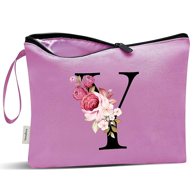 Vavabox A-Z Personalized Makeup Bag, Birthday Gifts for Women Mom, Gifts for Best Friend, Bride Bridesmaid Cosmetic bag (Y, Purple)