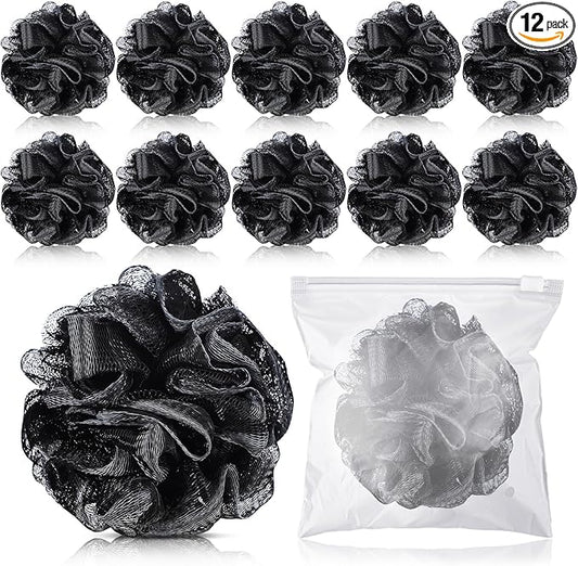 12 Pcs Travel Size Loofah Individually Wrapped, Small Shower Puff Bath Sponge Pouf Ball Bulk Mesh Bath Puff Mini Loofah Sponge with Case Bulk for Shower Care (25g,Black)